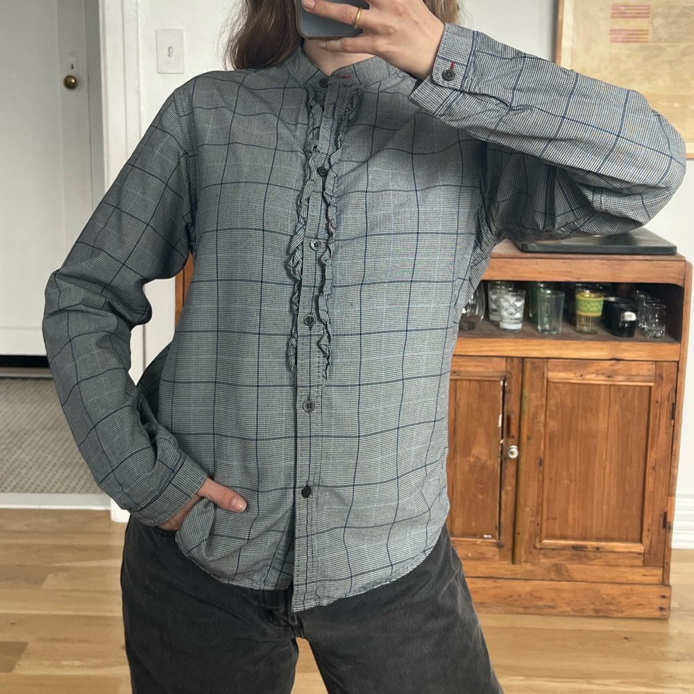 Ruffled Houndstooth Plaid Button-Down - image 1
